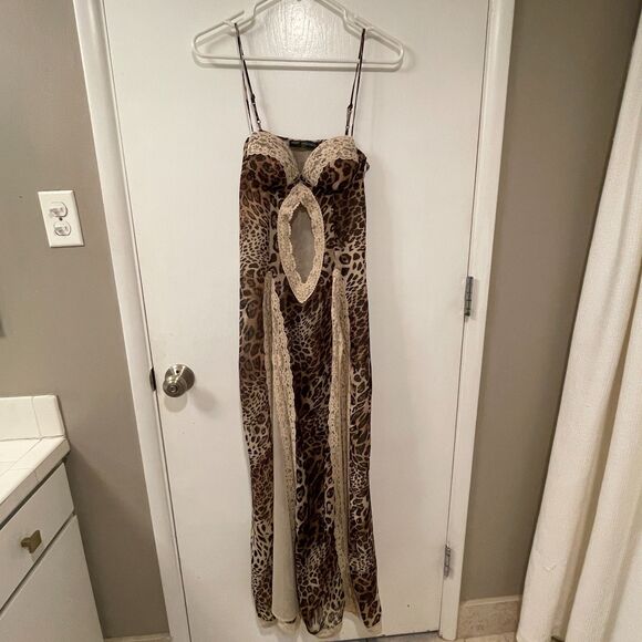 Finesse Sleeveless Lace Cut out Leopard Print Maxi Dress Brown Size XS - Picture 2 of 13